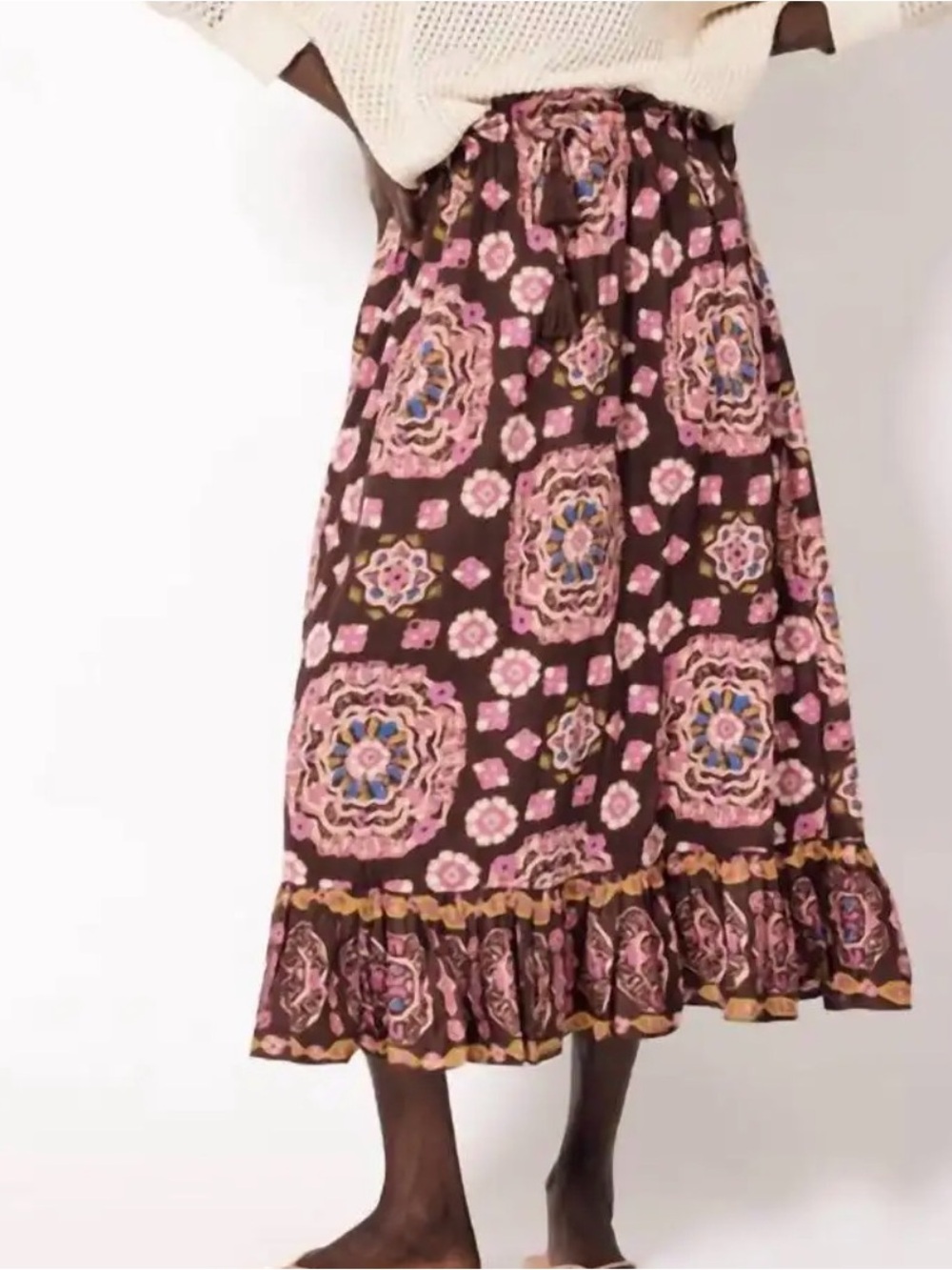 Cleobella Brown Maxi Skirt with Pink Floral Medallions